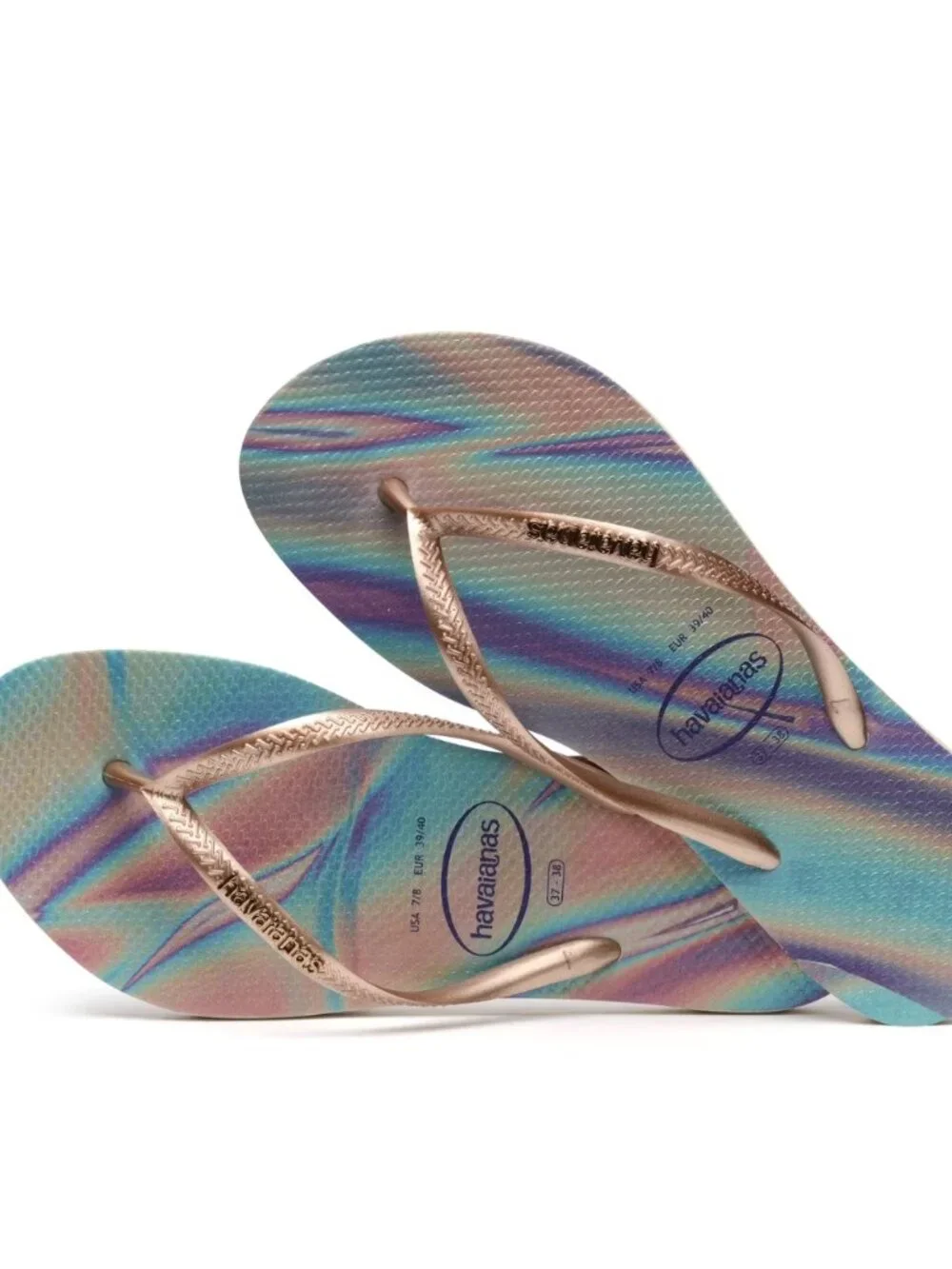 Havaianas Slim Iridescent flip flops oil slick rainbow colorful summer beach